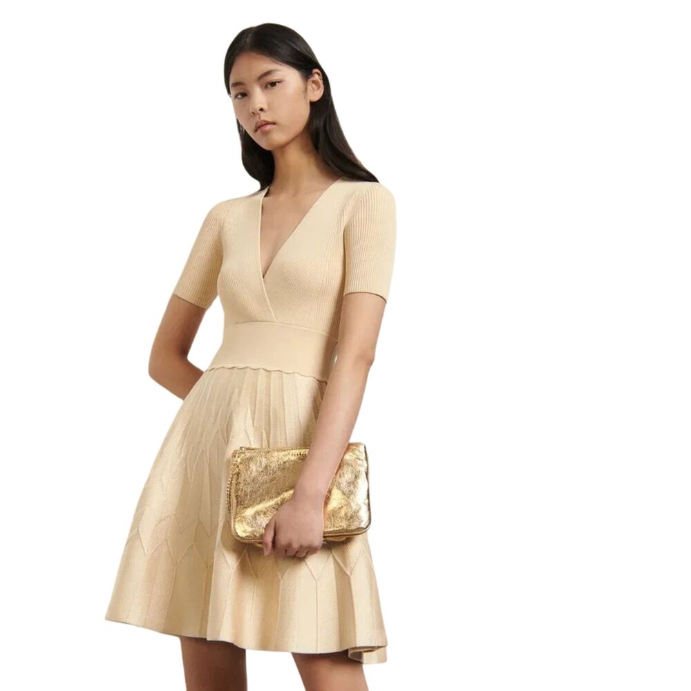 Sandro NWOT Espera Knit A-Line Dress Cream Beige V-Neck Crossover Sz 2 / M